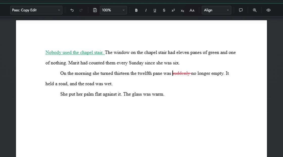 Review mode: a suggested insertion underlined in green and a suggested deletion struck through in red, on the page, with the Copy Edit pass selected in the toolbar.