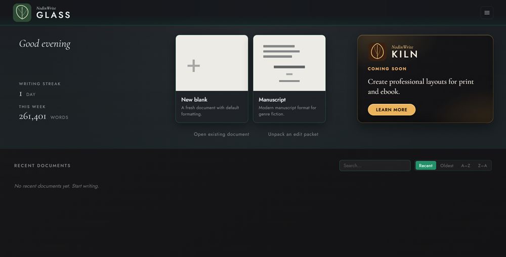 The Home screen: wordmark, greeting and streak, template cards, KILN card, and the Recent Documents grid.