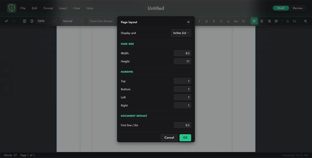 The Page Layout dialog with its live preview overlays.