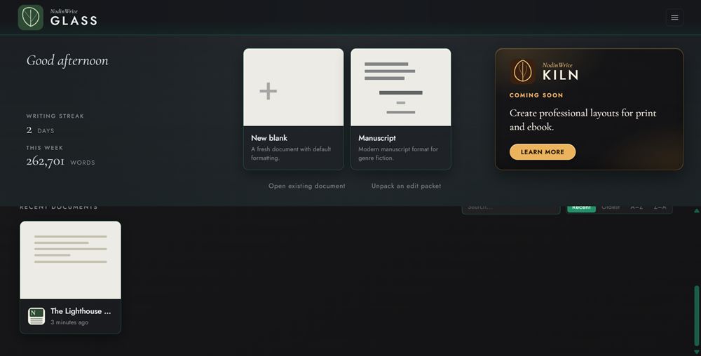 A Recent Documents card on hover, showing the ✕ remove control.